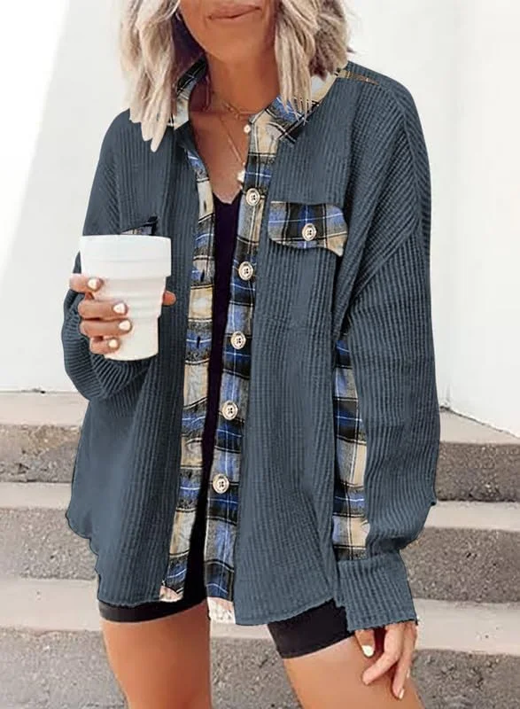 SHEWIN شکت زنانه بافت وافل طرح چهارخانه، مدل دوست‌پسر، دکمه‌دار، کت پیراهن، آستین بلند گشاد