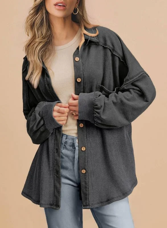 SHEWIN شکت بافتنی وافل زنانه، ژاکت پیراهن دکمه دار مد پاییزه، مدل آزاد و آستین بلند