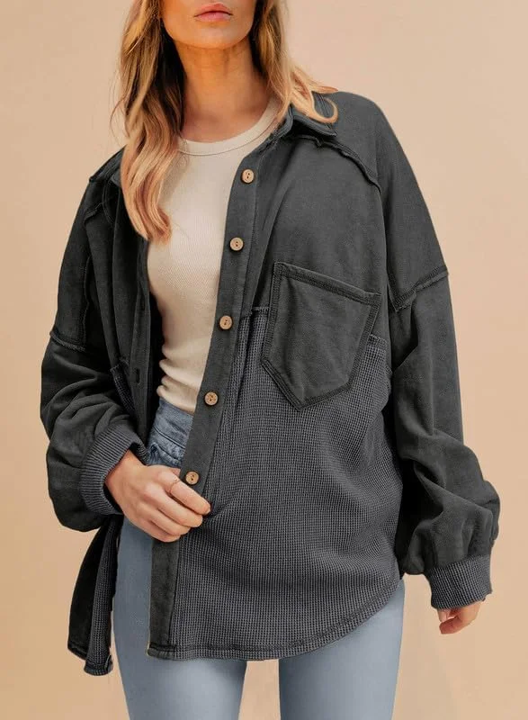 SHEWIN شکت بافتنی وافل زنانه، ژاکت پیراهن دکمه دار مد پاییزه، مدل آزاد و آستین بلند