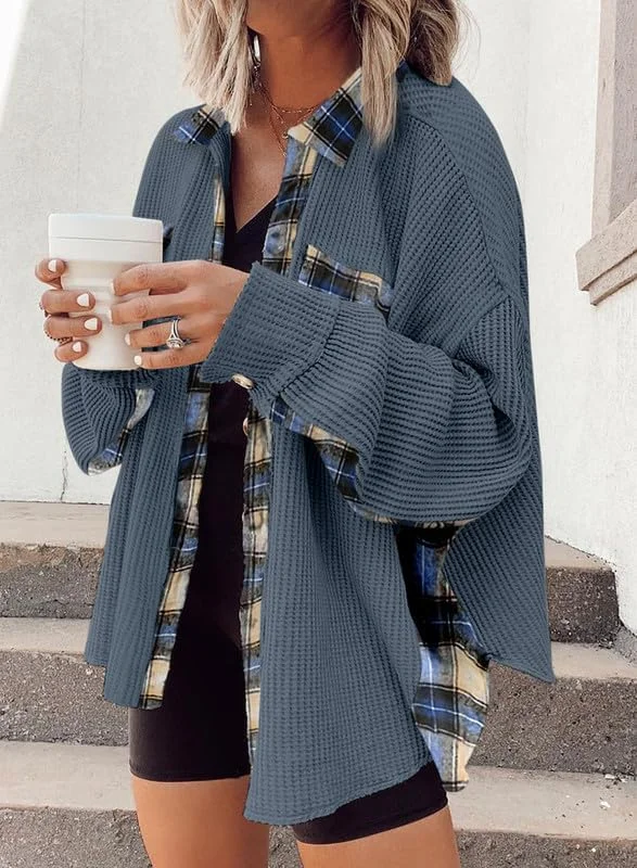 SHEWIN شکت زنانه بافت وافل طرح چهارخانه، مدل دوست‌پسر، دکمه‌دار، کت پیراهن، آستین بلند گشاد