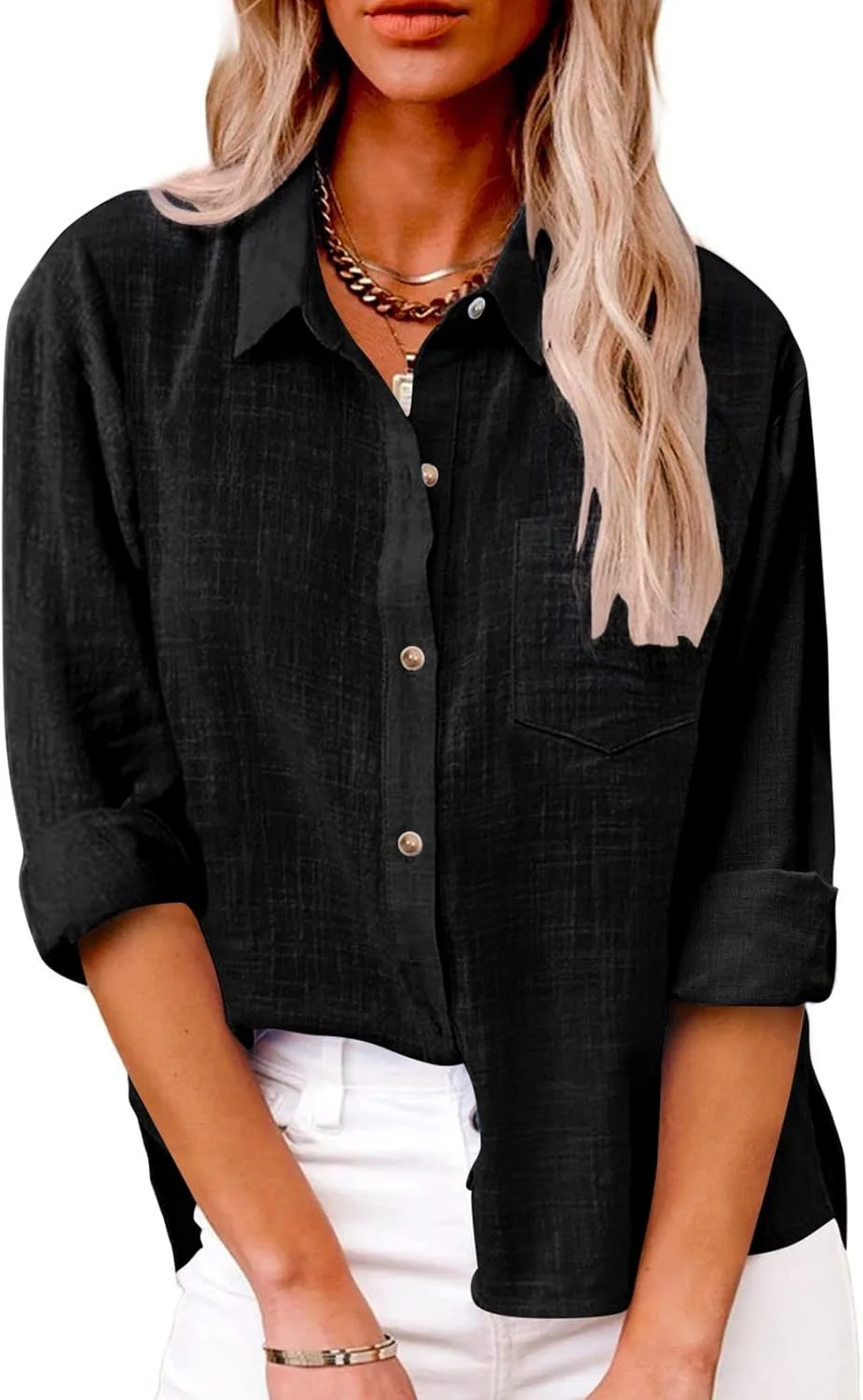 SHEKINI بلوز زنانه غیر رسمی یقه هفت آستین بلند دکمه دار پنبه ای کتانی تی شرت تاپ بلوز مجلسی بلوز کار اداری سایز بزرگ