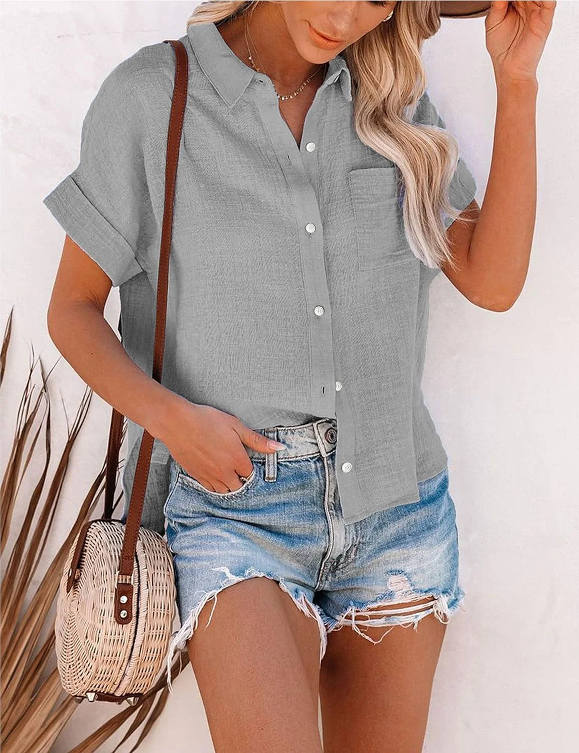 Shebote پیراهن دکمه دار آستین کوتاه زنانه، بلوز یقه دار و یقه هفت، مناسب برای استایل وسترن