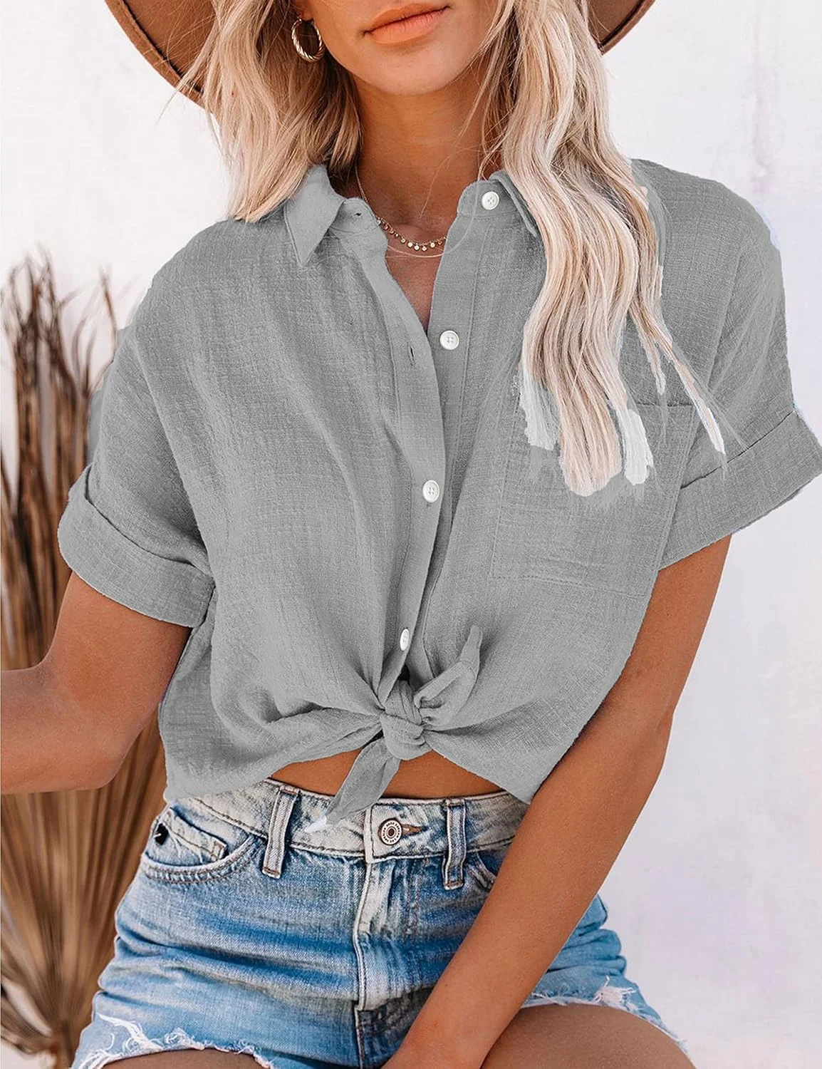 Shebote پیراهن دکمه دار آستین کوتاه زنانه، بلوز یقه دار و یقه هفت، مناسب برای استایل وسترن