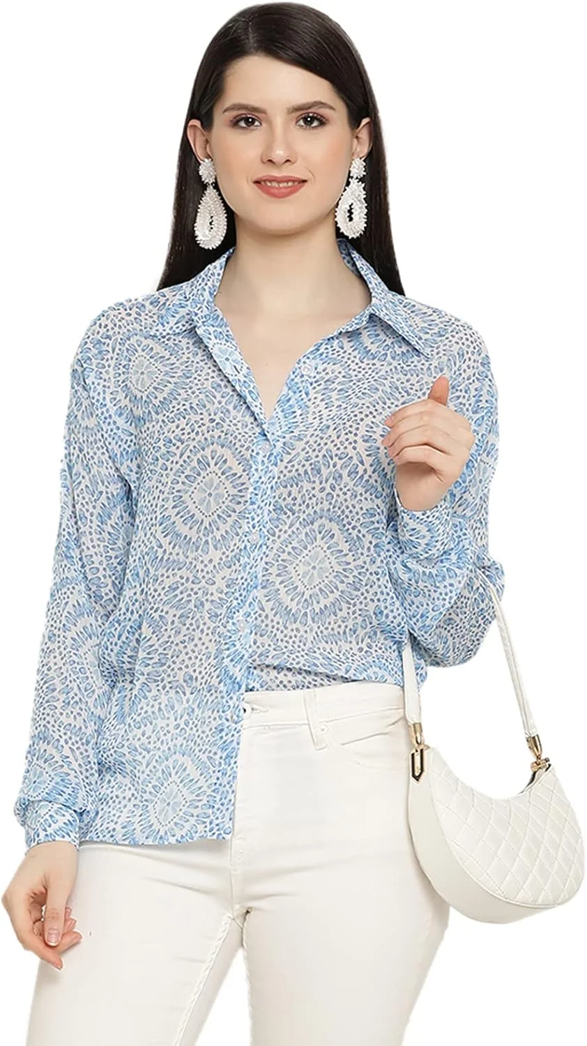 شمیز زنانه شیفون مشکی طرح‌دار، آستین بلند، یقه دکمه‌دار