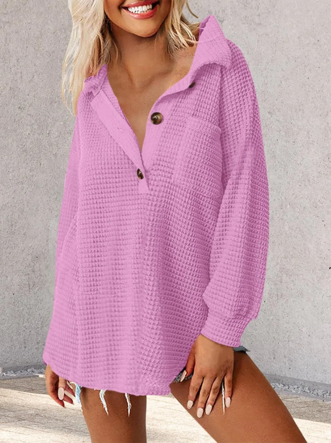 کت شکت بافت وافل دکمه دار زنانه، بلوز آستین بلند گشاد، پیراهن یقه هفت رنگ ثابت