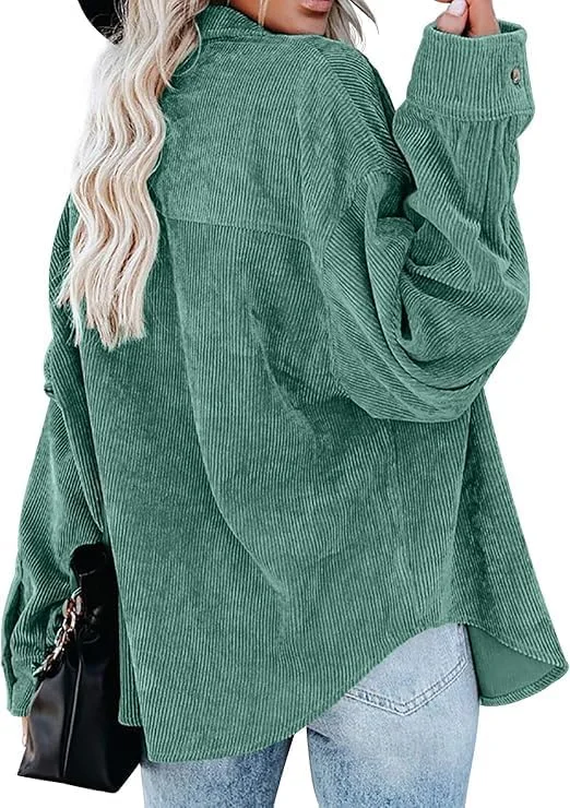 SHEKINI پیراهن های مخمل کبریتی زنانه، یقه هفت، آستین بلند، دکمه دار، بلوز آستین بلند با جیب، کت کار زنانه، سایز بزرگ