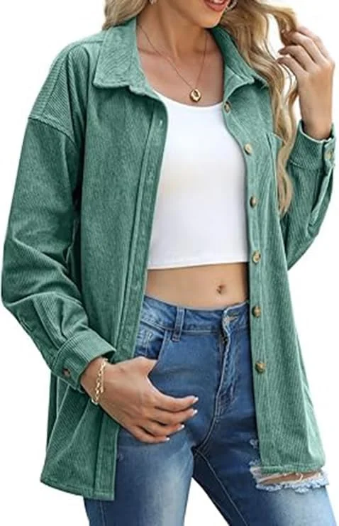 SHEKINI پیراهن های مخمل کبریتی زنانه، یقه هفت، آستین بلند، دکمه دار، بلوز آستین بلند با جیب، کت کار زنانه، سایز بزرگ