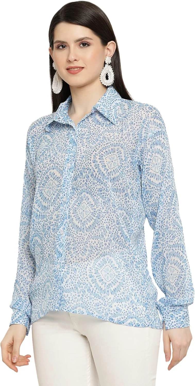 شمیز زنانه شیفون مشکی طرح‌دار، آستین بلند، یقه دکمه‌دار