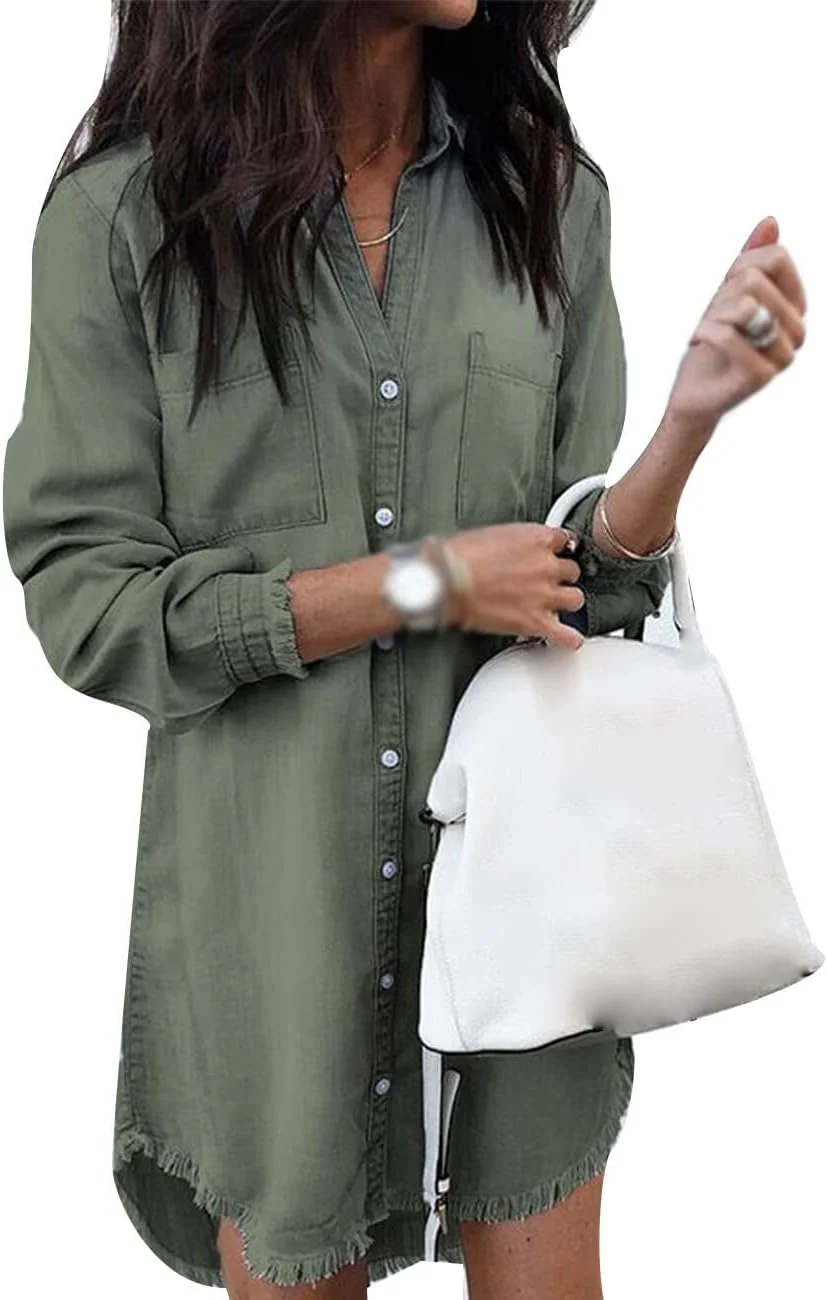 پیراهن زنانه آستین بلند دکمه دار جین Sexyshine با جیب