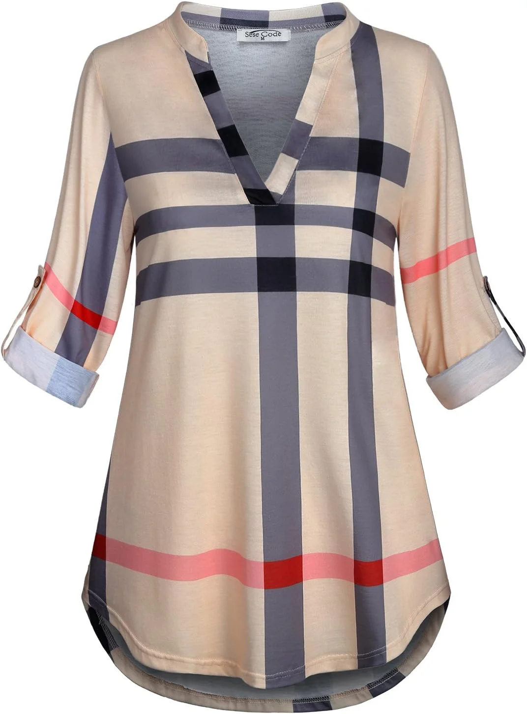 SeSe Code بلوز چهارخانه آستین سه ربع زنانه، مناسب استایل رسمی و غیررسمی