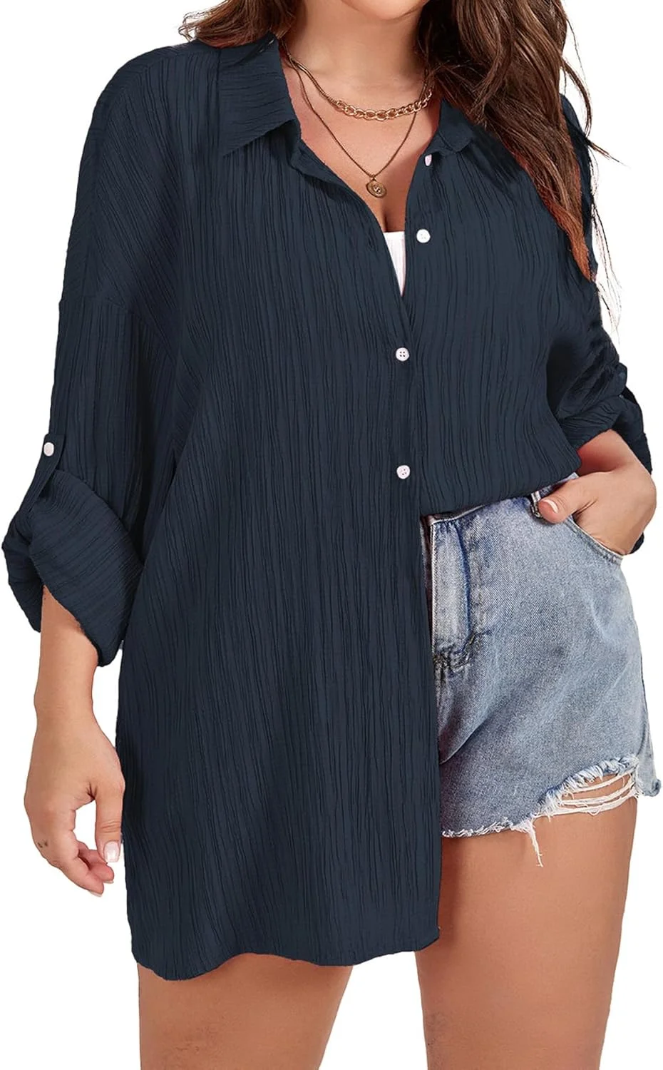 SCOMCHIC پیراهن زنانه سایز بزرگ دکمه دار آستین بلند یقه هفت مدل بلوزهای غیر رسمی و شومیزهای بزرگ