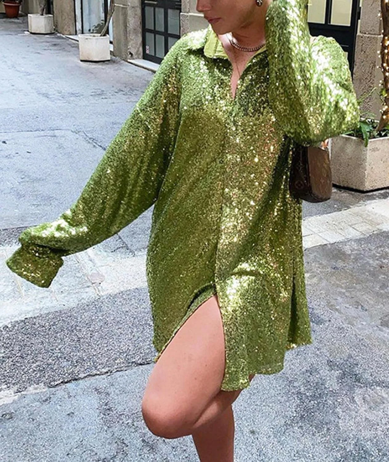 بلوز پولک‌دار زنانه SEMATOMALA، یقه هفت دکمه‌دار، آستین بلند، شل و گشاد، تاپ براق و درخشان