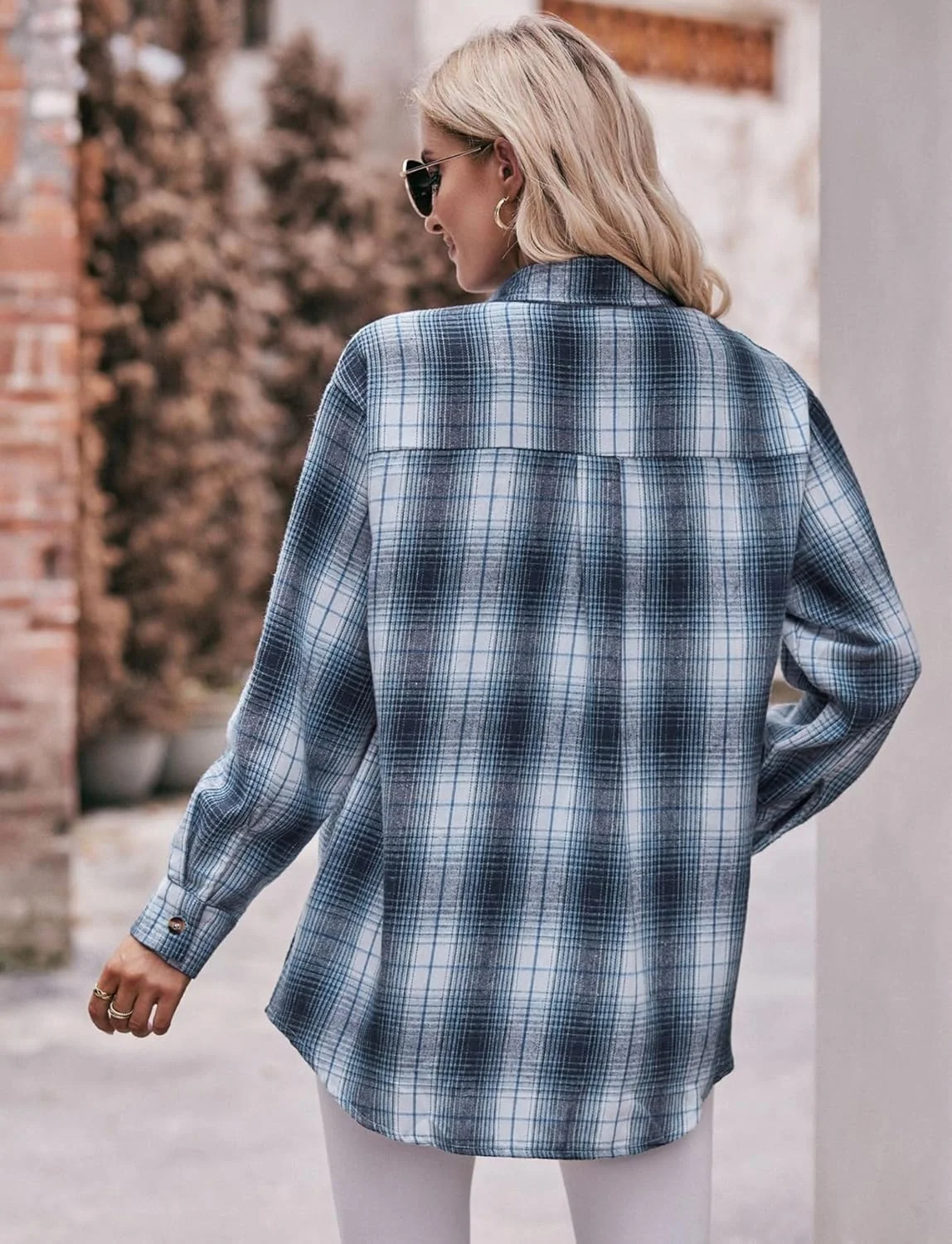 پیراهن چهارخانه زنانه، پیراهن دکمه دار آستین بلند، مدل بزرگ، سبک دوست پسرانه، پیراهن چهارخانه غیر رسمی با جیب