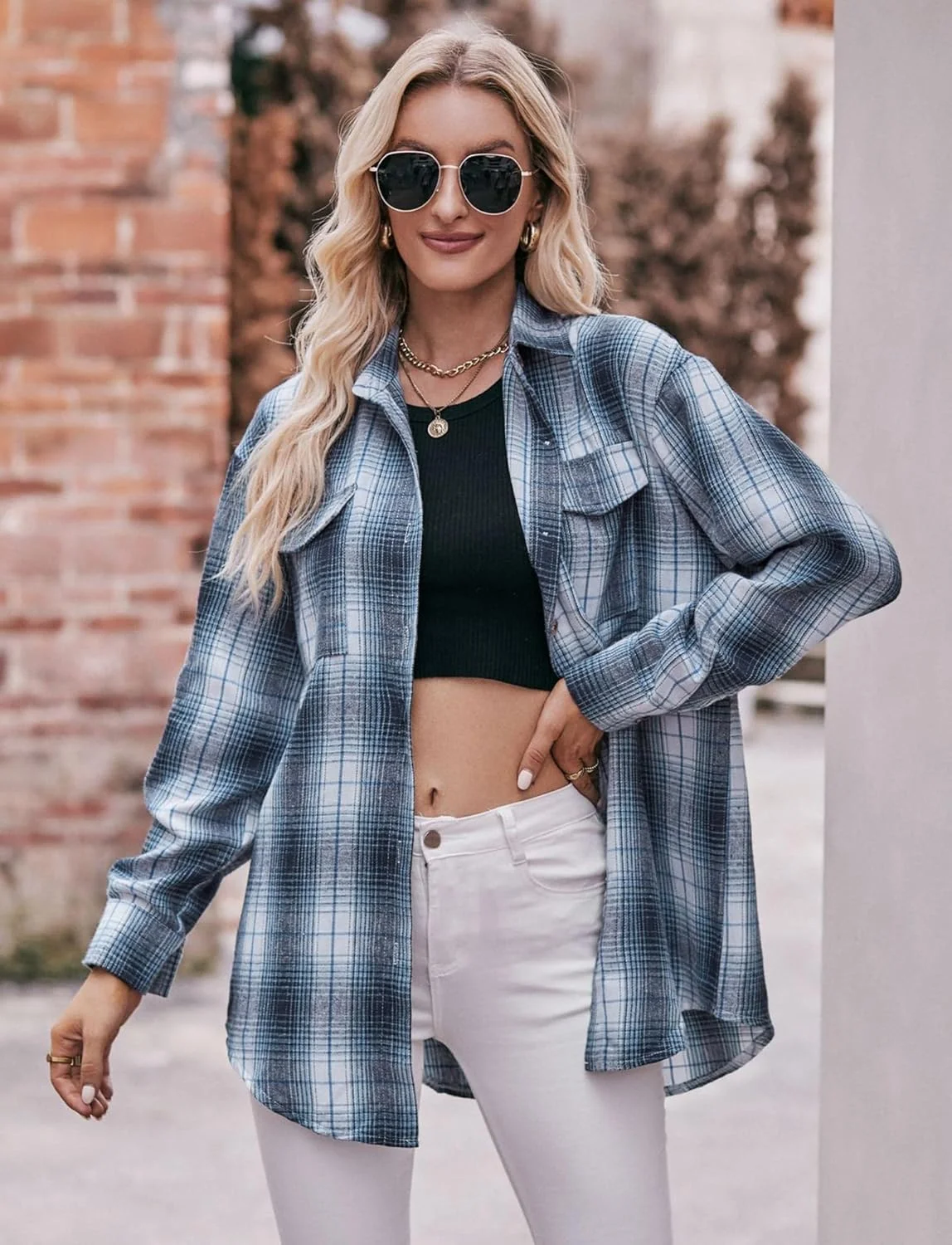 پیراهن چهارخانه زنانه، پیراهن دکمه دار آستین بلند، مدل بزرگ، سبک دوست پسرانه، پیراهن چهارخانه غیر رسمی با جیب