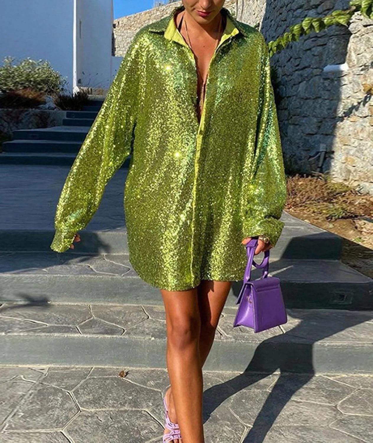 بلوز پولک‌دار زنانه SEMATOMALA، یقه هفت دکمه‌دار، آستین بلند، شل و گشاد، تاپ براق و درخشان