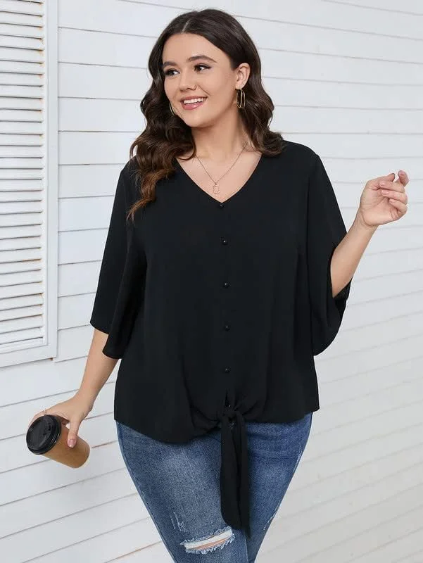 SCOMCHIC بلوز زنانه سایز بزرگ، یقه هفت، آستین سه ربع، گره کراواتی، دکمه نما، غیر رسمی، سایز XL-5XL