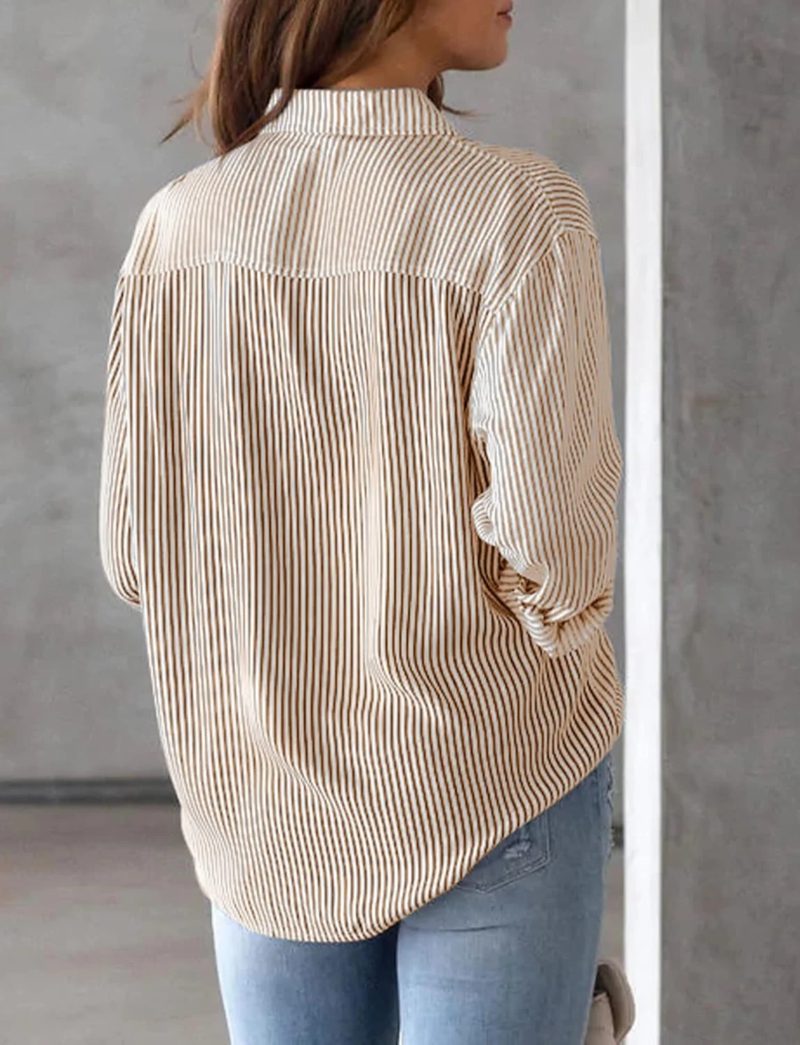 SEAUR - بلوز زنانه دکمه دار، تاپ آستین بلند، تی شرت گشاد و راحت، بلوز راه راه یقه هفت مناسب کار در اداره