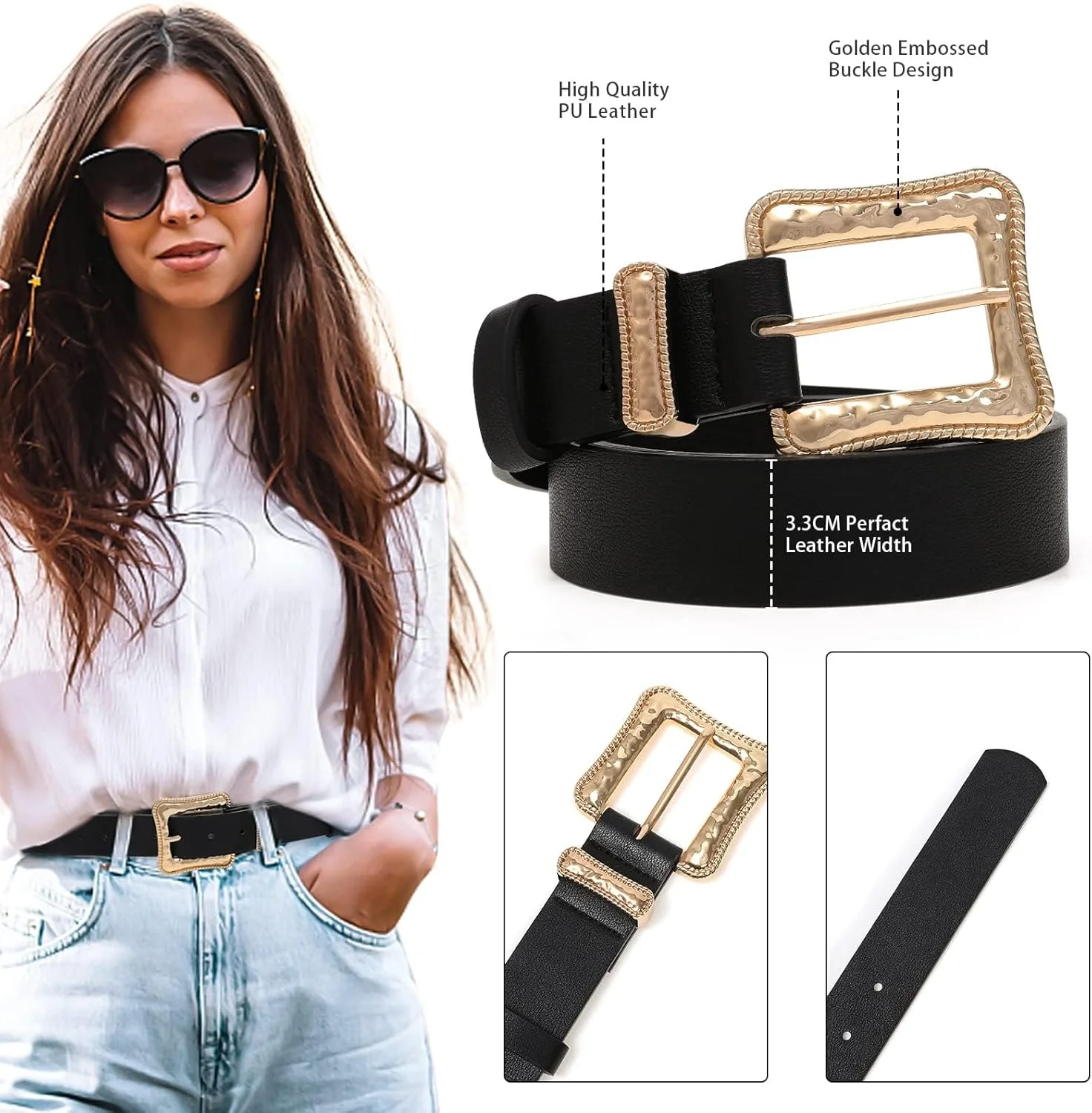 ست 2 عددی کمربند چرمی زنانه مدل وسترن TERRIFI، طراحی وینتیج، کمربند سایز بزرگ مناسب شلوار و پیراهن (مشکی، سفید)