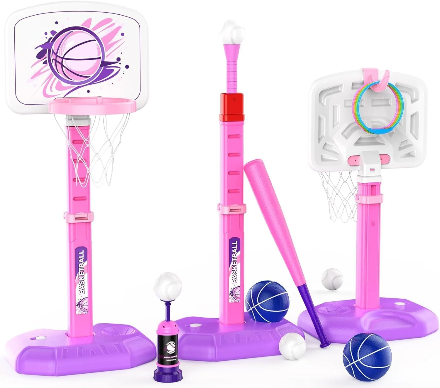 ست بسکتبال 4 در 1 کودکان SOOFAM، ست توپ تی و حلقه پرتاب و بازی پرتاب حلقه، ارتفاع قابل تنظیم، ست حلقه بسکتبال استخر، اسباب بازی های ورزشی داخل/خارج از منزل برای کودکان نوپا پسران دختران آبی و صورتی ست بسکتبال 4 در 1 کودکان SOOFAM، ست توپ تی و حلقه پرتاب و بازی پرتاب حلقه، ارتفاع قابل تنظیم، ست حلقه بسکتبال استخر، اسباب بازی های ورزشی داخل/خارج از منزل برای کودکان نوپا پسران دختران آبی و صورتی