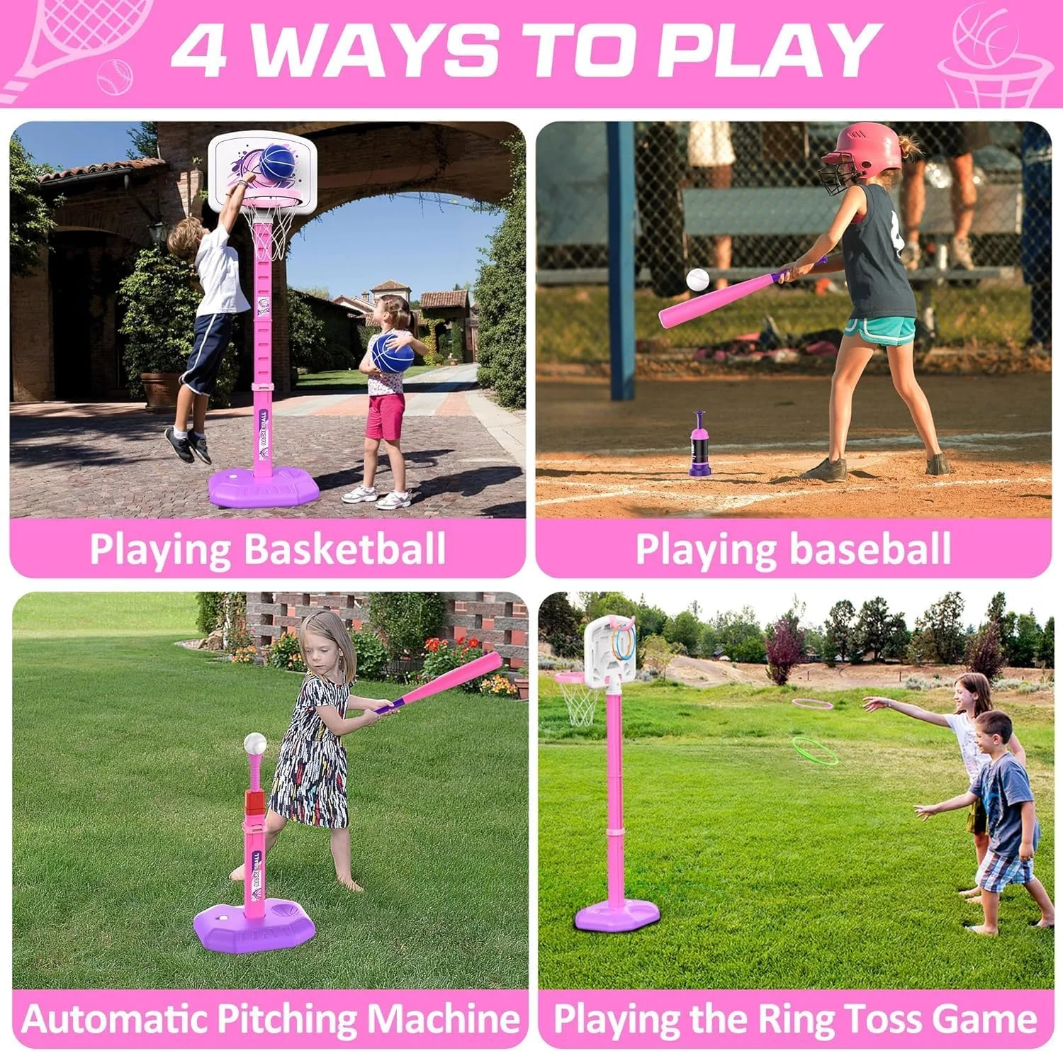 ست بسکتبال 4 در 1 کودکان SOOFAM، ست توپ تی و حلقه پرتاب و بازی پرتاب حلقه، ارتفاع قابل تنظیم، ست حلقه بسکتبال استخر، اسباب بازی های ورزشی داخل/خارج از منزل برای کودکان نوپا پسران دختران آبی و صورتی ست بسکتبال 4 در 1 کودکان SOOFAM، ست توپ تی و حلقه پرتاب و بازی پرتاب حلقه، ارتفاع قابل تنظیم، ست حلقه بسکتبال استخر، اسباب بازی های ورزشی داخل/خارج از منزل برای کودکان نوپا پسران دختران آبی و صورتی