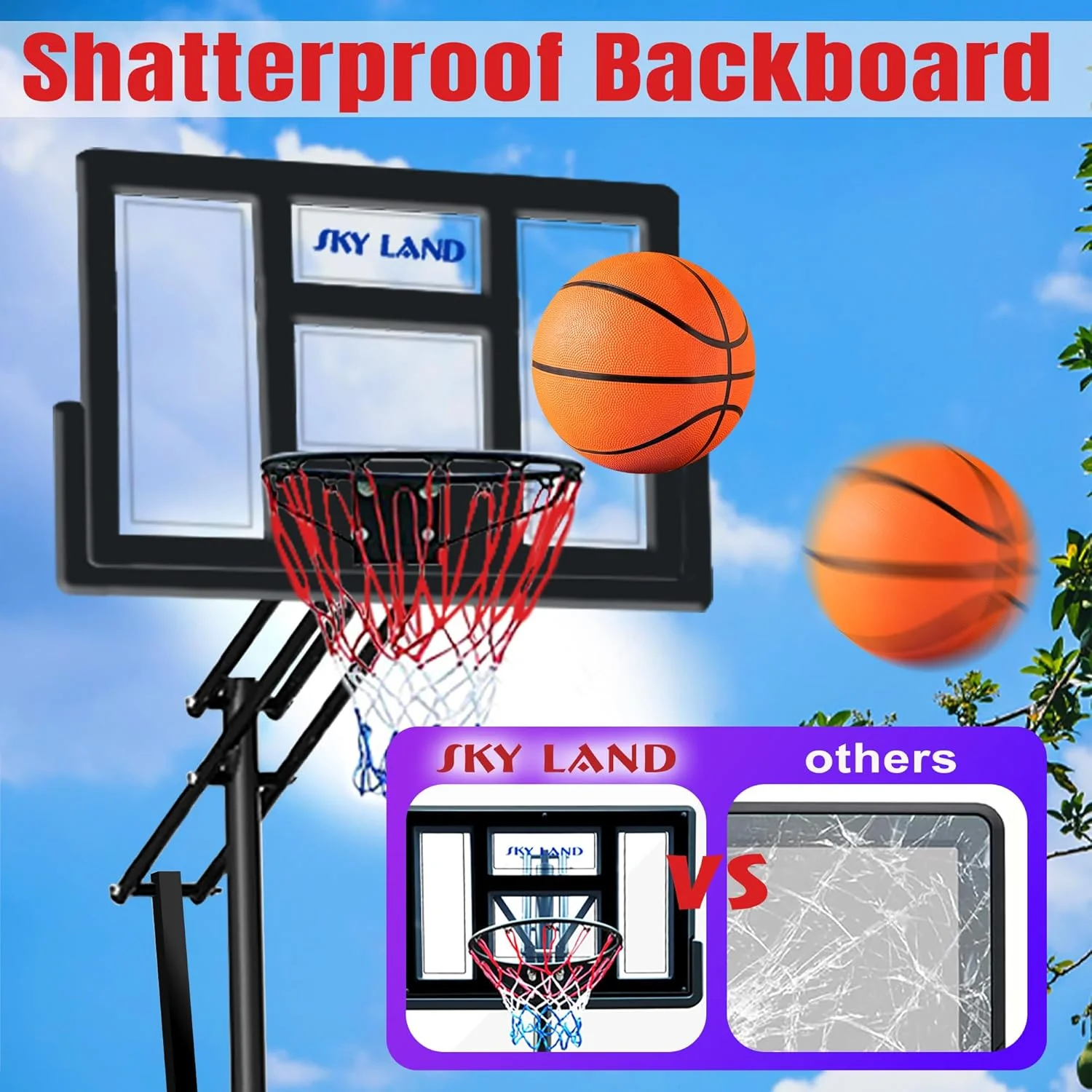 پایه حلقه بسکتبال SKY LAND - سیستم گل بسکتبال قابل تنظیم 3 تا 3.6 متر، تخته پشتی ضد ضربه 112 سانتی متری، پایه بسکتبال قابل حمل داخلی/خارجی با چرخ برای بزرگسالان و نوجوانان | EM-1878