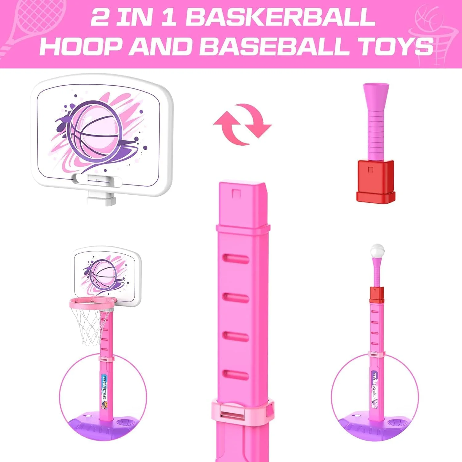 ست بسکتبال 4 در 1 کودکان SOOFAM، ست توپ تی و حلقه پرتاب و بازی پرتاب حلقه، ارتفاع قابل تنظیم، ست حلقه بسکتبال استخر، اسباب بازی های ورزشی داخل/خارج از منزل برای کودکان نوپا پسران دختران آبی و صورتی ست بسکتبال 4 در 1 کودکان SOOFAM، ست توپ تی و حلقه پرتاب و بازی پرتاب حلقه، ارتفاع قابل تنظیم، ست حلقه بسکتبال استخر، اسباب بازی های ورزشی داخل/خارج از منزل برای کودکان نوپا پسران دختران آبی و صورتی