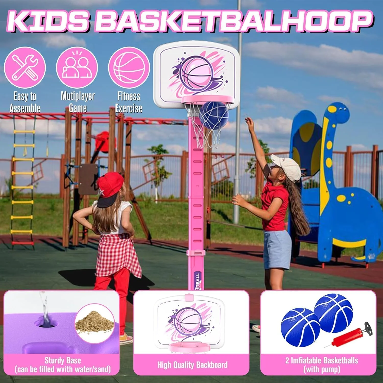 ست بسکتبال 4 در 1 کودکان SOOFAM، ست توپ تی و حلقه پرتاب و بازی پرتاب حلقه، ارتفاع قابل تنظیم، ست حلقه بسکتبال استخر، اسباب بازی های ورزشی داخل/خارج از منزل برای کودکان نوپا پسران دختران آبی و صورتی ست بسکتبال 4 در 1 کودکان SOOFAM، ست توپ تی و حلقه پرتاب و بازی پرتاب حلقه، ارتفاع قابل تنظیم، ست حلقه بسکتبال استخر، اسباب بازی های ورزشی داخل/خارج از منزل برای کودکان نوپا پسران دختران آبی و صورتی