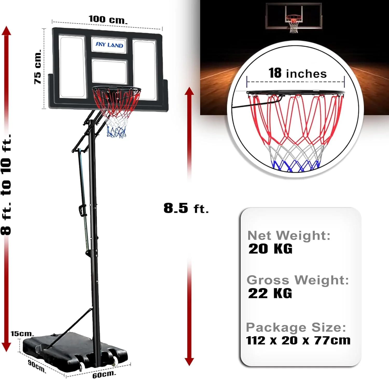 پایه حلقه بسکتبال SKY LAND - سیستم گل بسکتبال قابل تنظیم 3 تا 3.6 متر، تخته پشتی ضد ضربه 112 سانتی متری، پایه بسکتبال قابل حمل داخلی/خارجی با چرخ برای بزرگسالان و نوجوانان | EM-1878