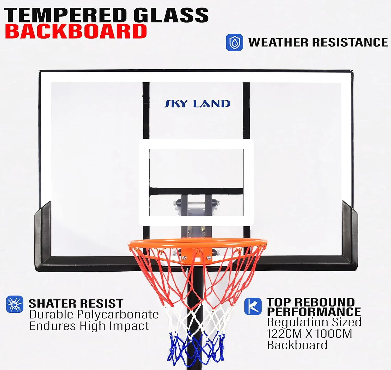 حلقه بسکتبال SKY LAND مدل EM-1874، حلقه بسکتبال چرخ دار سایز حرفه ای، ارتفاع قابل تنظیم 2.4 تا 3 متر، تخته بسکتبال اکریلیک نشکن 127 سانتی متری برای بزرگسالان و نوجوانان، پایه حلقه بسکتبال فضای باز/داخلی