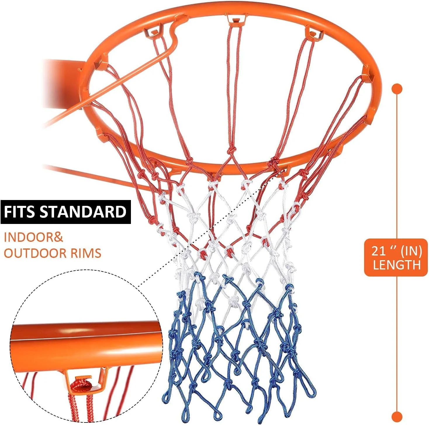 تور بسکتبال ۲ عددی سنگین، جایگزین تور بسکتبال حرفه ای، ضد ضربه و مناسب تمام آب و هوا، حلقه آویز برای کودکان و بزرگسالان، ۱۲ حلقه (قرمز سفید آبی)