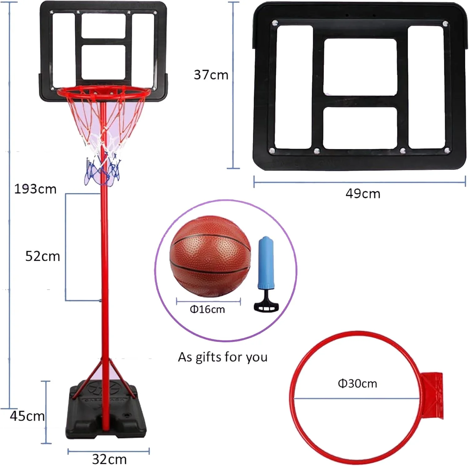 ست حلقه بسکتبال کودک Sulfar، اسباب بازی پایه بسکتبال بچه گانه با توپ و پمپ، مناسب برای پسران و دختران در سنین مختلف، بازی ورزشی سرگرم کننده در داخل و خارج از خانه، پایه بسکتبال با ارتفاع قابل تنظیم