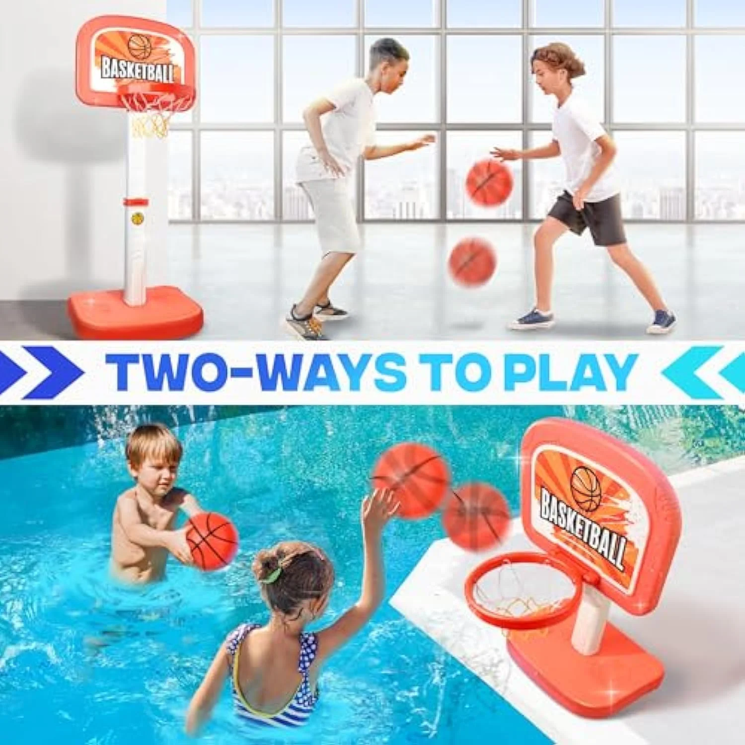 حلقه بسکتبال استخر، اسباب بازی های استخر، حلقه های کنار استخر قابل تنظیم 2 در 1 با پمپ، تور و 2 توپ، بازی بسکتبال تابستانی استخر سرپوشیده و روباز، اسباب بازی آبی مهمانی خانوادگی ساحلی تابستانی خنک