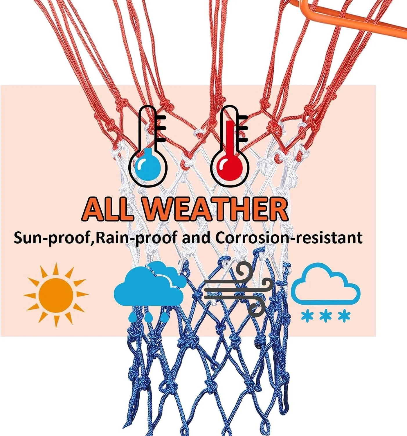 تور بسکتبال ۲ عددی سنگین، جایگزین تور بسکتبال حرفه ای، ضد ضربه و مناسب تمام آب و هوا، حلقه آویز برای کودکان و بزرگسالان، ۱۲ حلقه (قرمز سفید آبی)