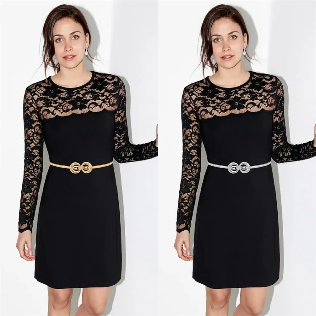 الکدون 2 عدد کمربند کشی باریک و قابل تنظیم زنانه، کمربندهای باریک کمر با سگک در هم قفل شونده برای لباس، شلوار جین، دامن و لباس های رسمی در رنگ های نقره ای و طلایی الکدون 2 عدد کمربند کشی باریک و قابل تنظیم زنانه، کمربندهای باریک کمر با سگک در هم قفل شونده برای لباس، شلوار جین، دامن و لباس های رسمی در رنگ های نقره ای و طلایی