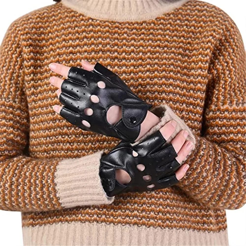 دستکش زنانه ELECDON، دستکش چرمی PU زنانه با پرچ و کمربند، دستکش نیم انگشتی مناسب اجرا