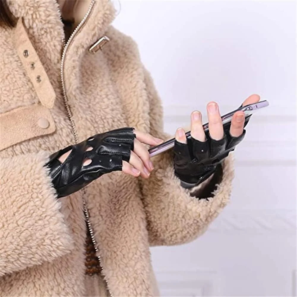 دستکش زنانه ELECDON، دستکش چرمی PU زنانه با پرچ و کمربند، دستکش نیم انگشتی مناسب اجرا دستکش زنانه ELECDON، دستکش چرمی PU زنانه با پرچ و کمربند، دستکش نیم انگشتی مناسب اجرا