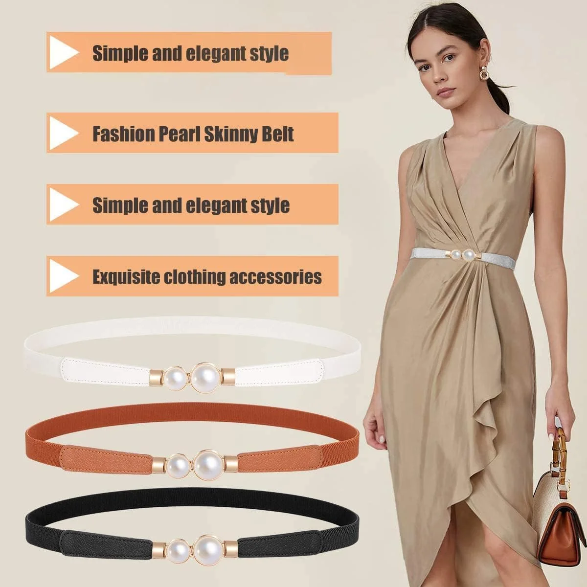 کمربند باریک زنانه ELECDON با کمر کشی، کمربند مرواریدی کشسان شیک زنانه، کمربند باریک برای لباس، 3 عدد کمربند کشی مرواریدی ساده و شیک
