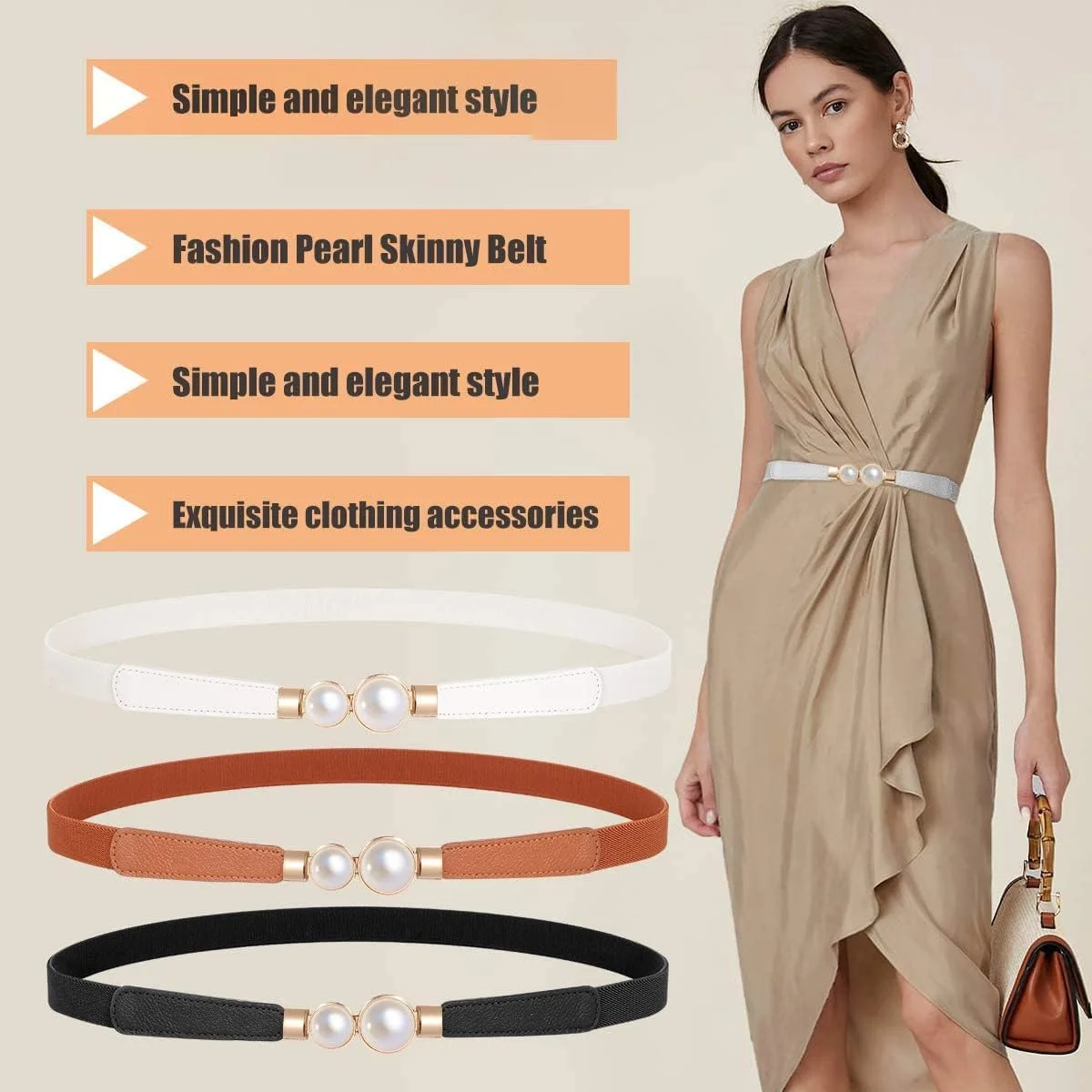 الکدون کمربند باریک کشی زنانه، کمربند مرواریدی کشسان شیک برای لباس الکدون کمربند باریک کشی زنانه، کمربند مرواریدی کشسان شیک برای لباس