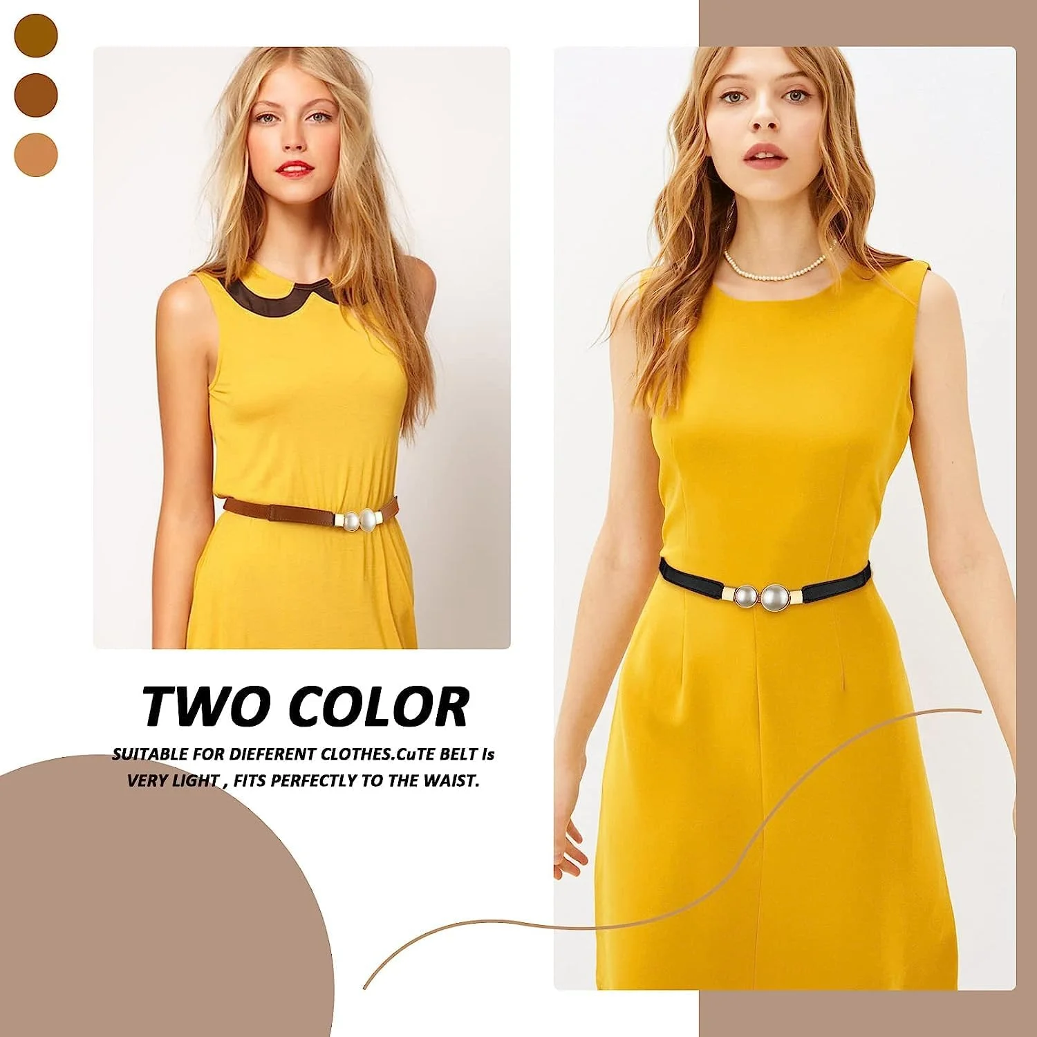 کمربند باریک زنانه ELECDON با کمر کشی، کمربند مرواریدی کشسان شیک زنانه برای لباس، 2 عدد کمربند کشی مرواریدی ساده و شیک