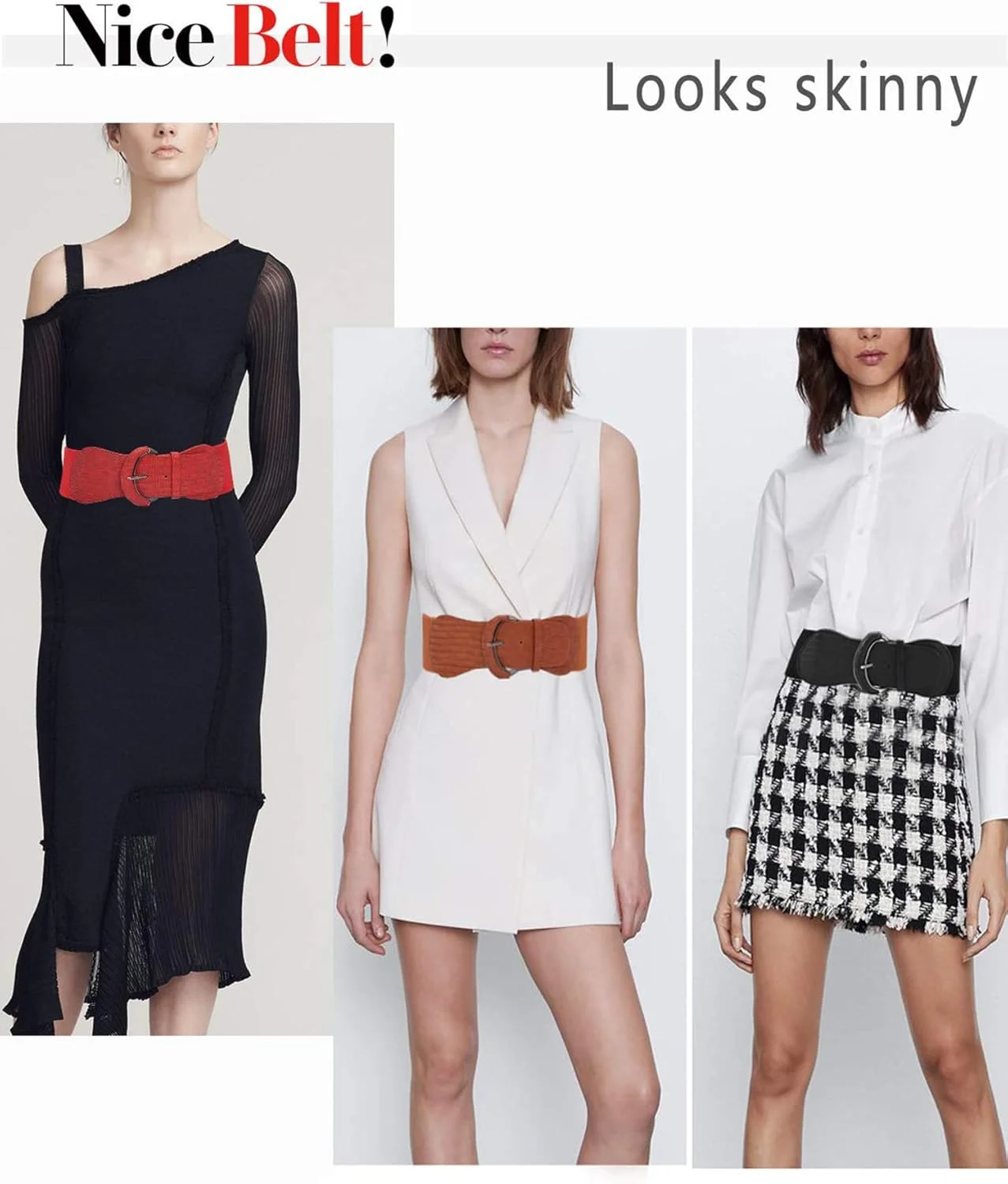 الکدون 3 عدد کمربند پهن زنانه برای لباس، کمربند کشی چرمی الاستیک برای تزئین لباس زنانه