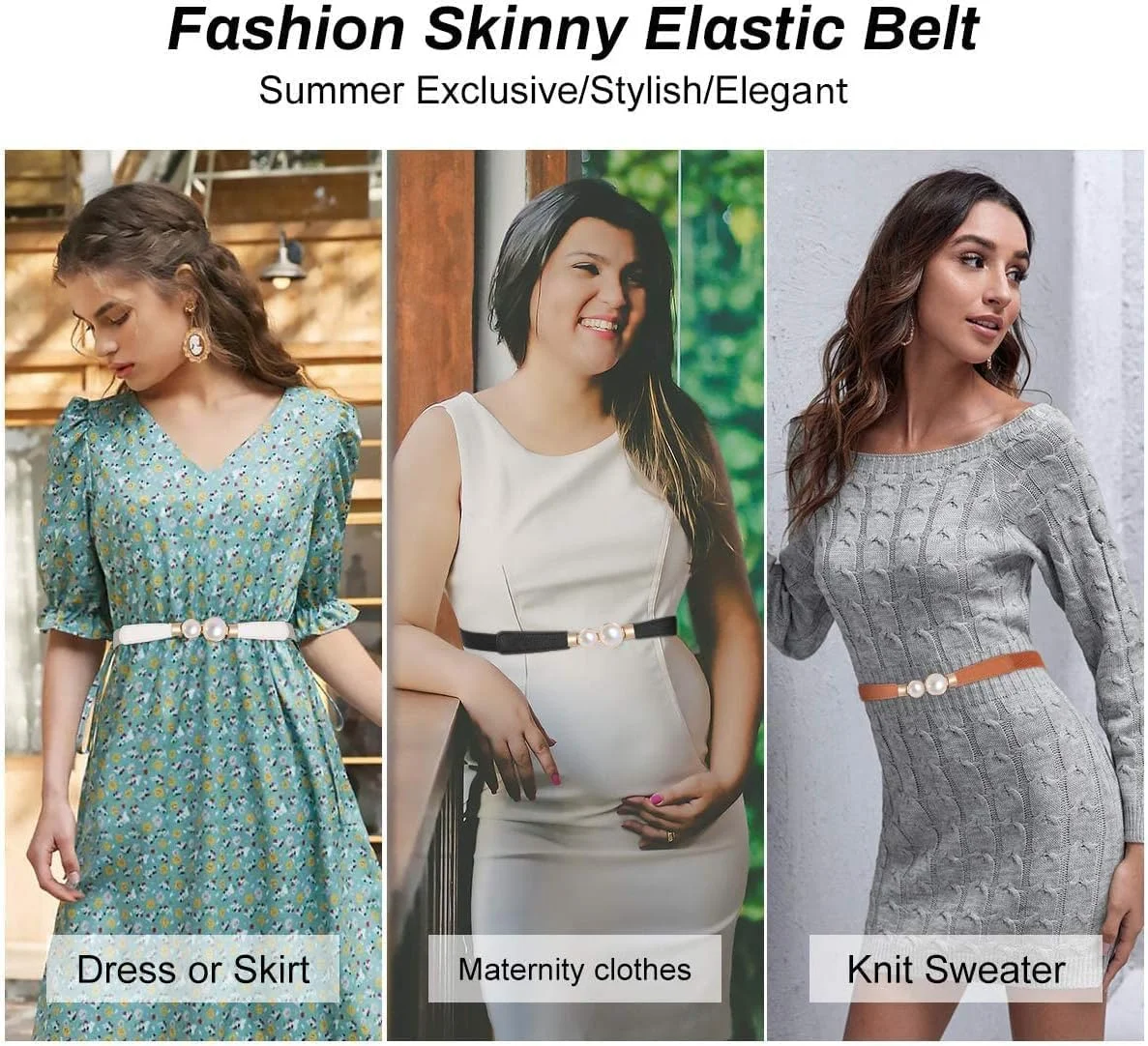 کمربند باریک زنانه ELECDON با کمر کشی، کمربند مرواریدی کشسان شیک زنانه، کمربند باریک برای لباس، 3 عدد کمربند کشی مرواریدی ساده و شیک