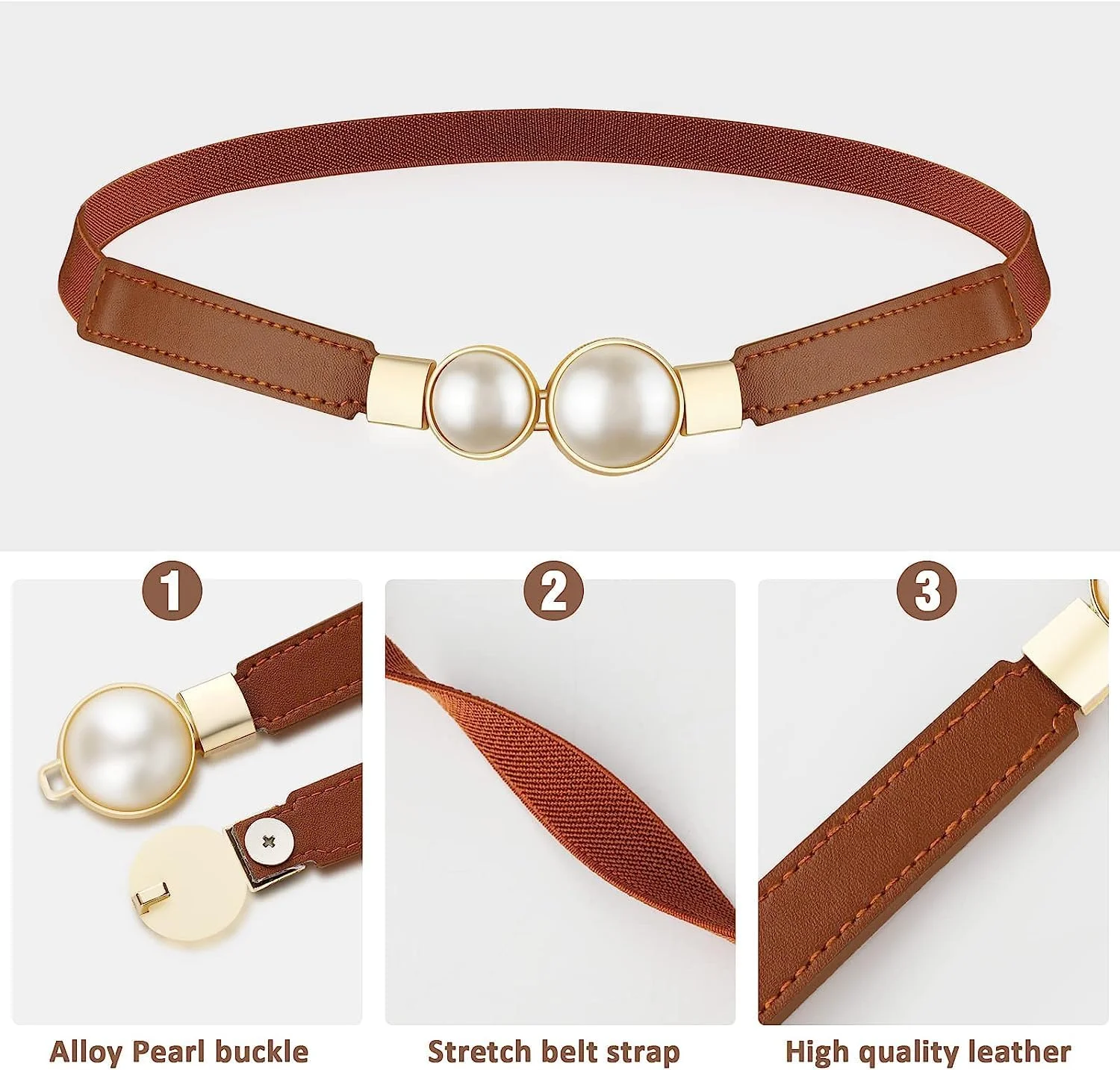 کمربند باریک زنانه ELECDON با کمر کشی، کمربند مرواریدی کشسان شیک زنانه برای لباس، 2 عدد کمربند کشی مرواریدی ساده و شیک