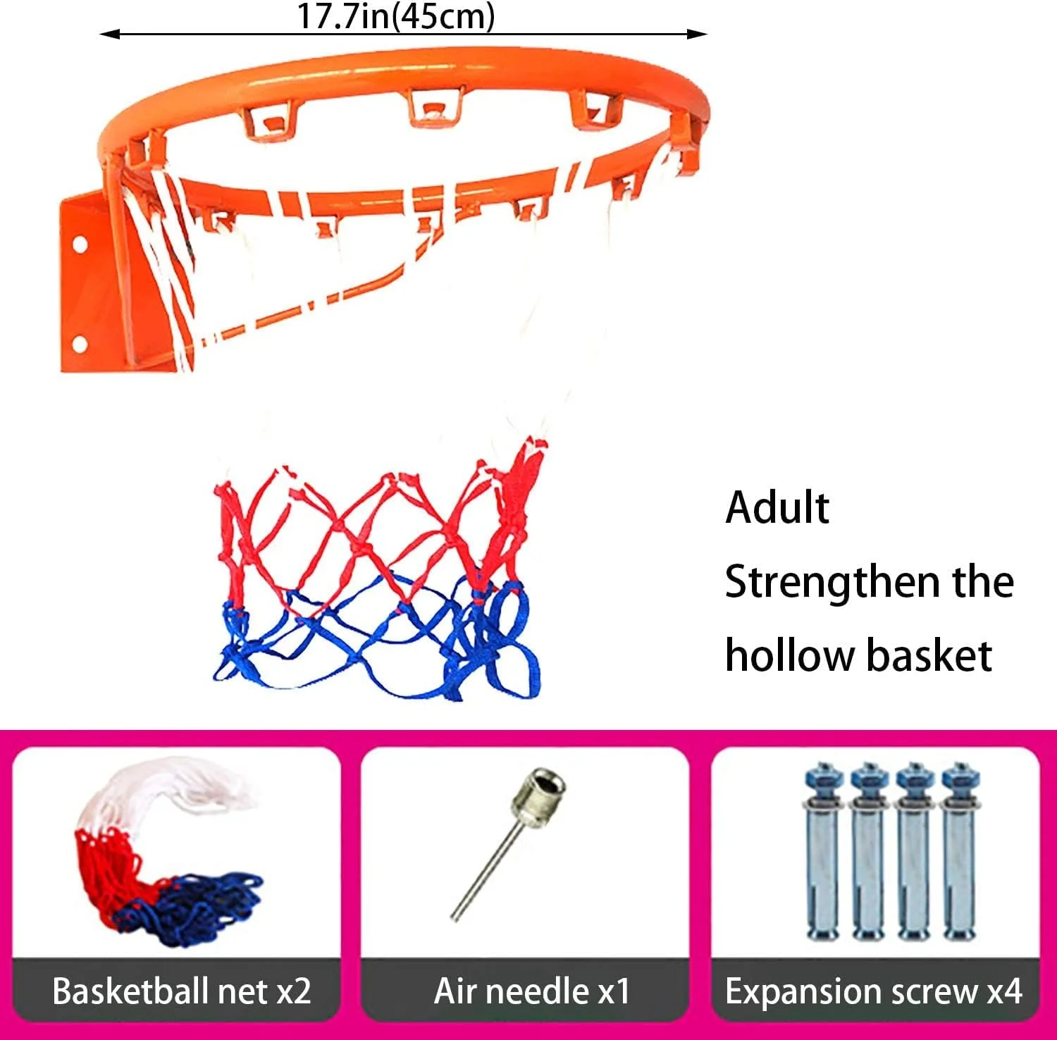 حلقه بسکتبال فضای باز، حلقه فلزی بسکتبال با تور، قابل نصب روی دیوار، مقاوم در برابر آب و هوا، مناسب برای کودکان، قطر 45 سانتی متر به همراه 2 عدد تور بسکتبال
