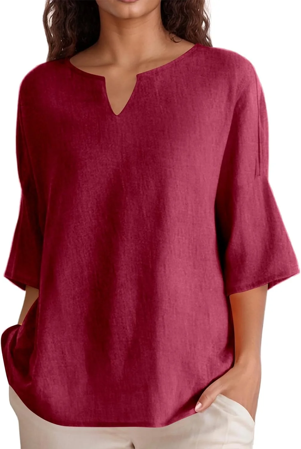 SilkSerai پیراهن زنانه نخی کتان گازی آستین سه ربع یقه هفت تونیک رنگ ثابت سبک وزن تاپ بلوز شیک غیر رسمی