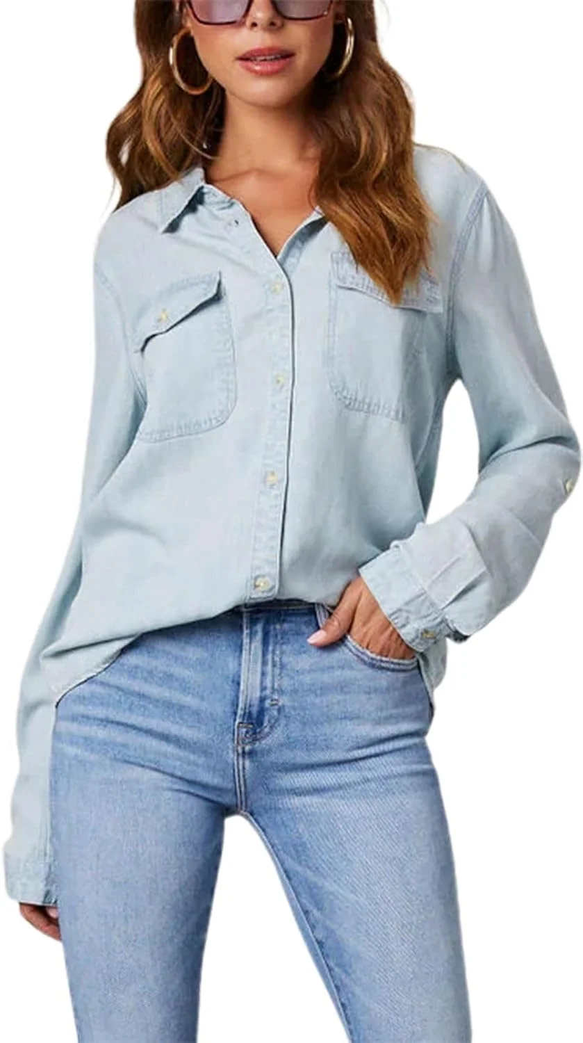 سیووا پیراهن جین زنانه آستین بلند دکمه دار بلوز جین تاپ های غیر رسمی ژاکت پیراهن گشاد قدیمی با جیب لباس خیابانی بهاره پاییزه