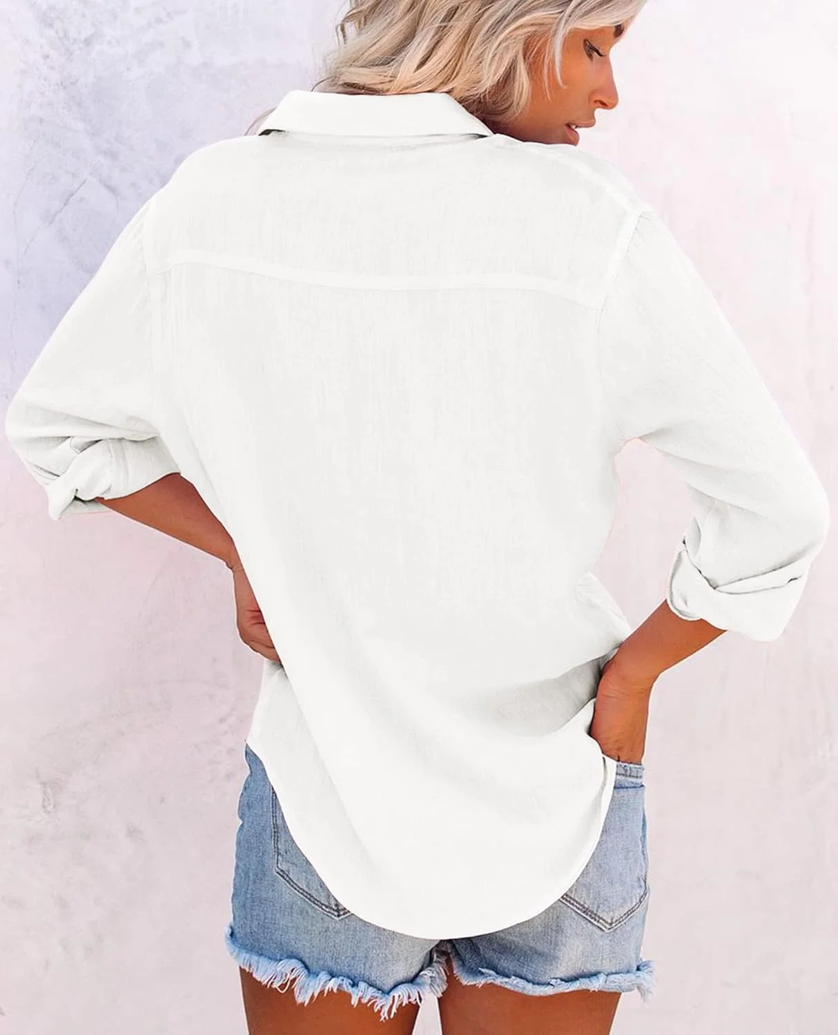 سیلیتلون پیراهن دکمه دار زنانه، پیراهن نخی، بلوز آستین بلند، یقه هفت، تونیک های غیر رسمی یکدست با جیب - سفید03 M