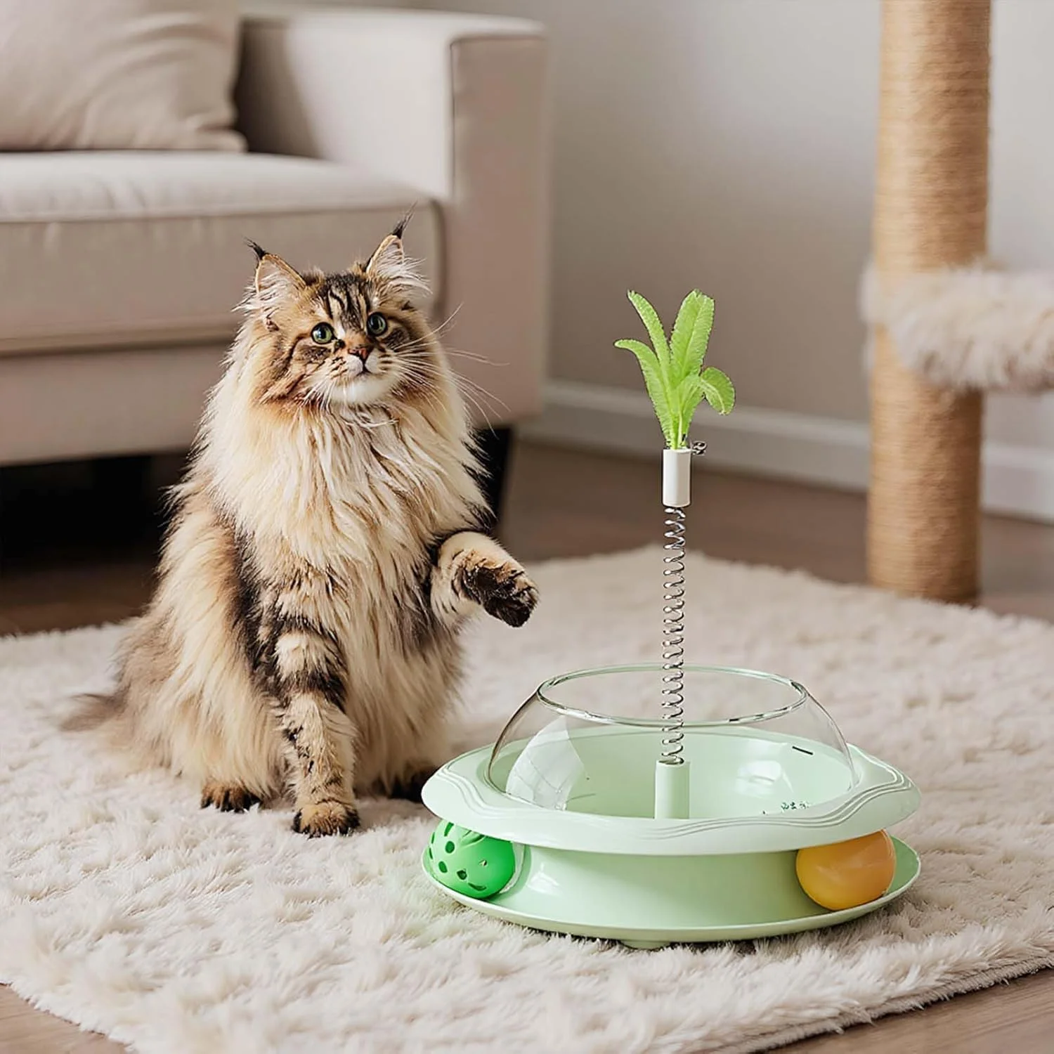 اسباب بازی پخش کننده تشویقی گربه - اسباب بازی های تعاملی گربه با چوب بازی فنری و توپ - پخش کننده غذای سرگرم کننده برای تمرین بازی در فضای داخلی