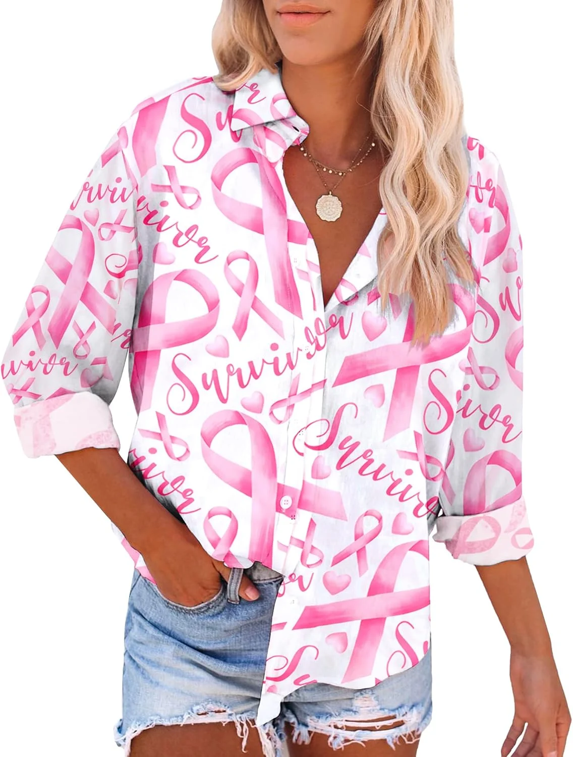 پیراهن سرطان سینه، پیراهن های آگاهی از سرطان سینه، پیراهن روبان صورتی، پیراهن های دکمه دار، تاپ های یقه دار غیر رسمی زنانه