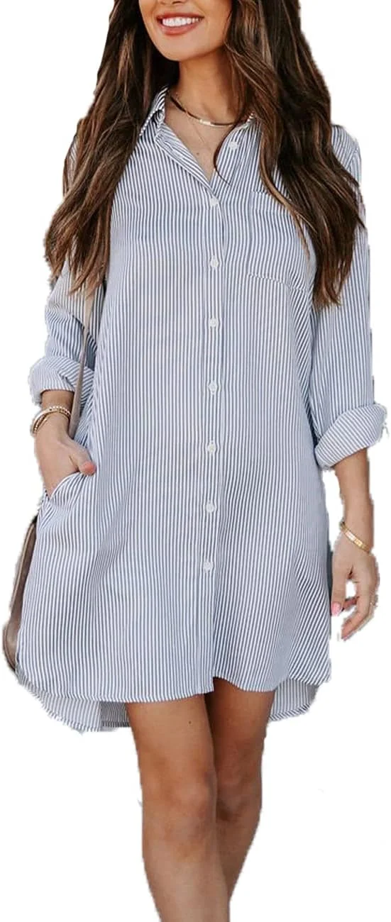 Vasitelan پیراهن دکمه دار زنانه آستین بلند نخی، بلوز و تاپ جیب دار، مناسب استفاده روزمره