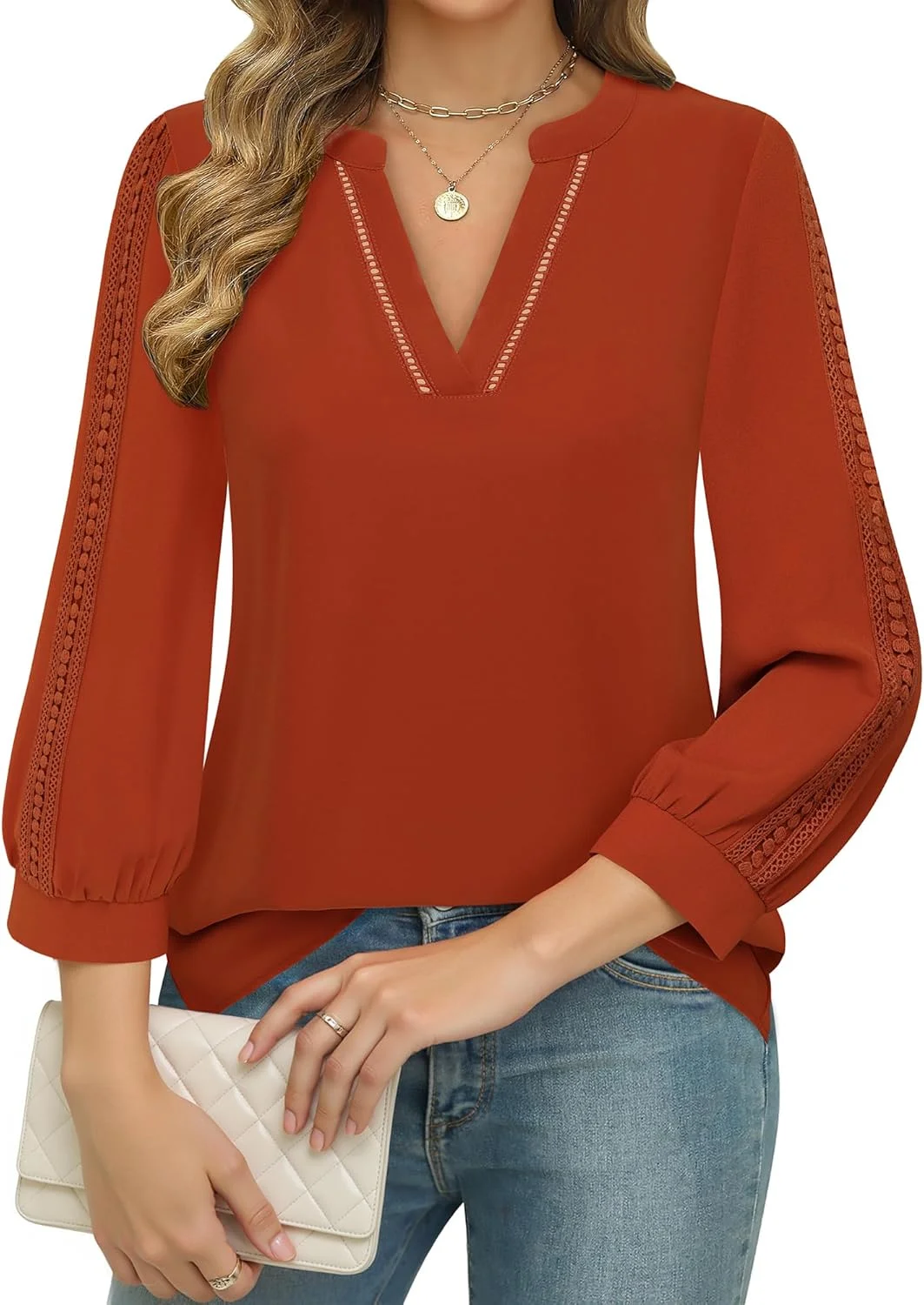 یونیکسه‌کو بلوز زنانه آستین سه ربع، شومیز شیفون یقه هفت، تاپ های غیر رسمی تجاری، پیراهن های کار زنانه